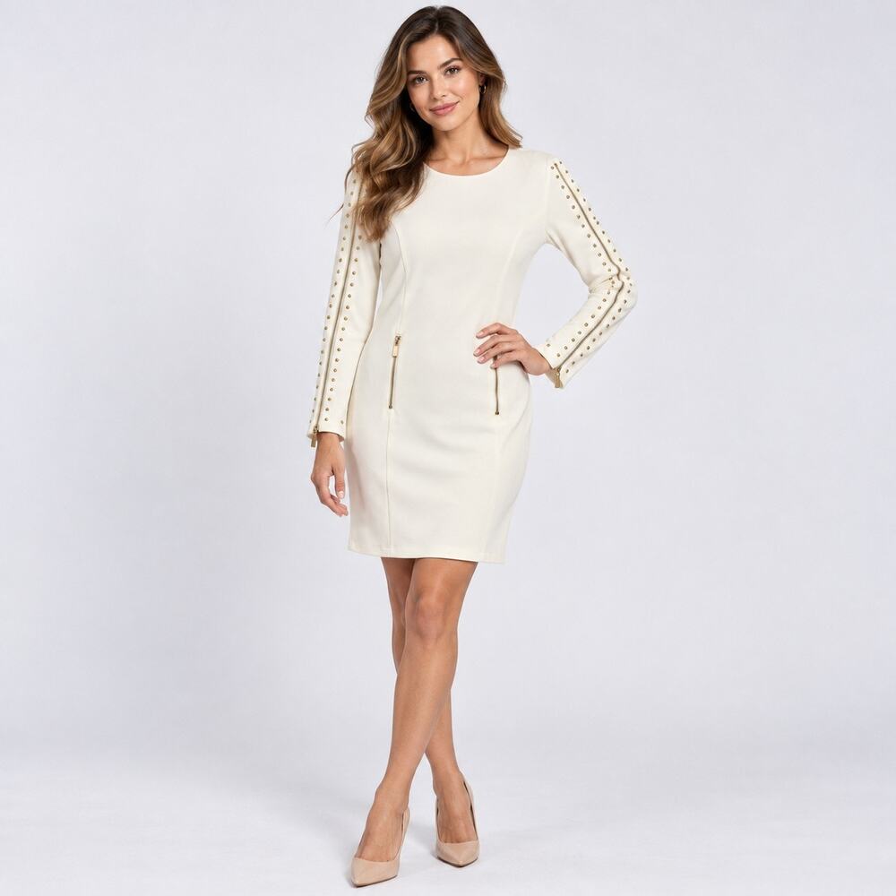 Venus Sheath Dress Womens 12 Cream Gold Knit Stretchy Knee Length Comfy